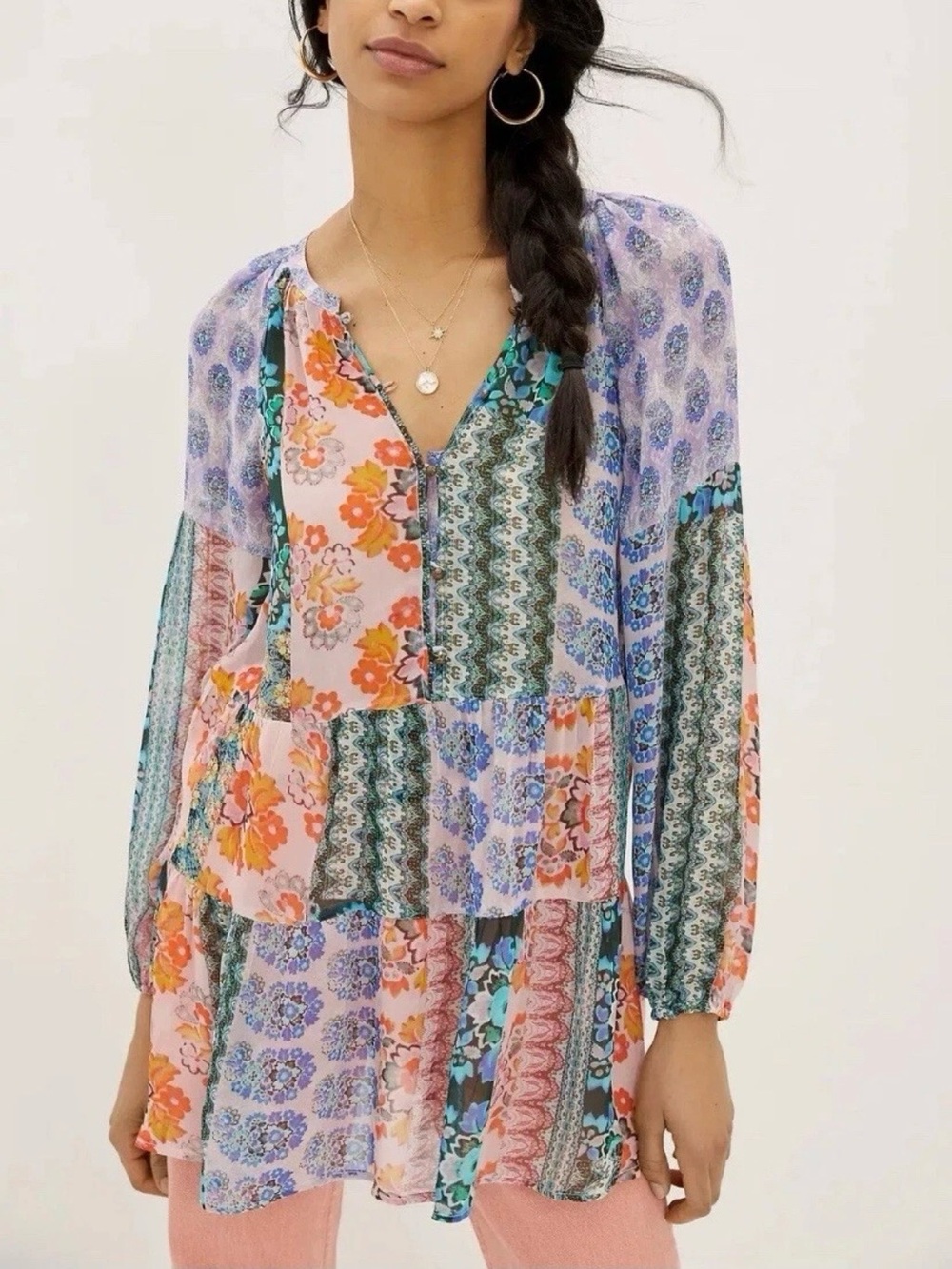 Anthropologie Maureen Patchwork Boho Floral Babydoll Tunic Blouse/Mini Dress